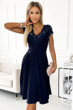 Navy Blue Chiffon Dress with Lace Neckline & Cutout Back