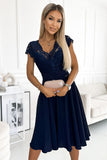Navy Blue Chiffon Dress with Lace Neckline & Cutout Back