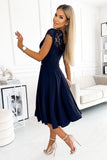 Navy Blue Chiffon Dress with Lace Neckline & Cutout Back