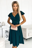 Flared Green Dress with Envelope Neckline and Short Sleeves