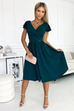Flared Green Dress with Envelope Neckline and Short Sleeves