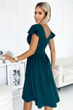Flared Green Dress with Envelope Neckline and Short Sleeves