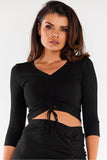 Stylish V-Neck Crop Top Blouse with 3/4 Sleeves and Drawstrings