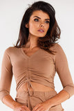 V-Neck Crop Top Blouse with 3/4 Sleeves and Drawstrings