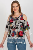 Chic Printed Summer Blouse with 3/4 Sleeves & Tassels