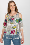 Chic Summer Blouse with 3/4 Sleeves and Tassel Details