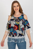 Chic Summer Blouse with Printed Fabric & Decorative Tassels