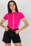 Stretchy Ribbed Blouse with Short Sleeves & Half Turtleneck