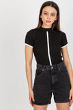 Stretchy Ribbed Blouse with Short Sleeves & Half Turtleneck