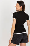 Stretchy Ribbed Blouse with Short Sleeves & Half Turtleneck