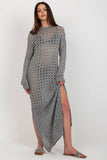 Openwork Long Knit Dress with Side Slits and Long Sleeves