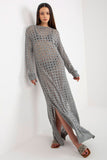 Openwork Long Knit Dress with Side Slits and Long Sleeves
