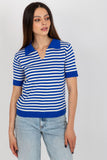 Striped Short Sleeve Knitted Blouse with Collar