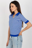 Striped Short Sleeve Knitted Blouse with Collar