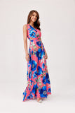 Floral Overlap Dress with Tied Bow and Layered Skirt