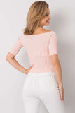 Elegant White Ribbed Blouse with Boat Neckline and Short Sleeves
