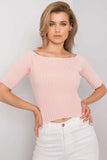 Elegant White Ribbed Blouse with Boat Neckline and Short Sleeves