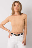 Elegant White Ribbed Blouse with Short Sleeves and Boat Neck