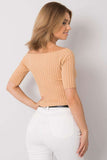 Elegant White Ribbed Blouse with Short Sleeves and Boat Neck