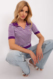 Striped Short Sleeve Knitted Blouse with Collar