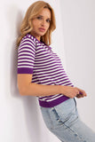 Striped Short Sleeve Knitted Blouse with Collar