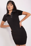 Ribbed Pencil Cut Dress with Short Sleeves and Collar