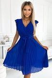 Cornflower Chiffon Pleated Dress with Ruffled Neckline
