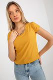 Short Sleeve Blouse with Jewelry Embellishment and Round Neckline