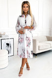 Chiffon Pleated Midi Dress with Button Details and Long Sleeves
