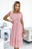 Chiffon Pleated Dress with Round Neckline and Belt