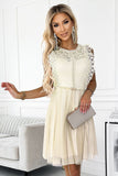 Beige Dress with Lace, Tulle Skirt & Gold Belt