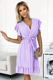Heather Dress with Envelope Neckline, Ruffles & Waist Tie