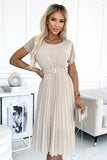 Beige Chiffon Pleated Dress with Wide Belt and Short Sleeves