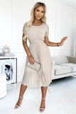 Beige Chiffon Pleated Dress with Wide Belt and Short Sleeves