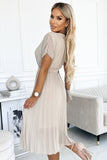Beige Chiffon Pleated Dress with Wide Belt and Short Sleeves