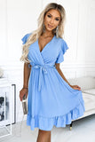 Blue Ruffled Dress with Envelope Neckline and Waist Tie
