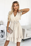 Beige Dress with Envelope Neckline, Ruffles & Waist Tie