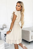 Beige Dress with Envelope Neckline, Ruffles & Waist Tie