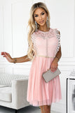 Peach Lace Dress with Tulle Skirt and Gold Belt