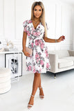 Chiffon Pleated Dress with Ruffled Shoulders and Roses