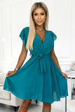 Nautical Chiffon Pleated Dress with Ruffled Shoulders