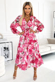 Chiffon Midi Dress with Envelope Neckline and Belt