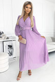Elegant Heather Pleated Chiffon Dress with Long Sleeves