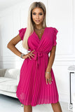 Fuchsia Chiffon Dress with Neckline, Belt & Shoulder Ruffles