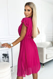 Fuchsia Chiffon Dress with Neckline, Belt & Shoulder Ruffles
