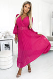Fuchsia Pleated Chiffon Dress with Long Sleeves & Belt