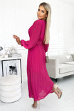Fuchsia Pleated Chiffon Dress with Long Sleeves & Belt