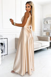 Elegant Gold Satin Strapless Maxi Dress with Slit