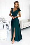 Elegant Bottle Green Long Dress with Slit and Bow Details