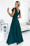 Elegant Bottle Green Long Dress with Slit and Bow Details